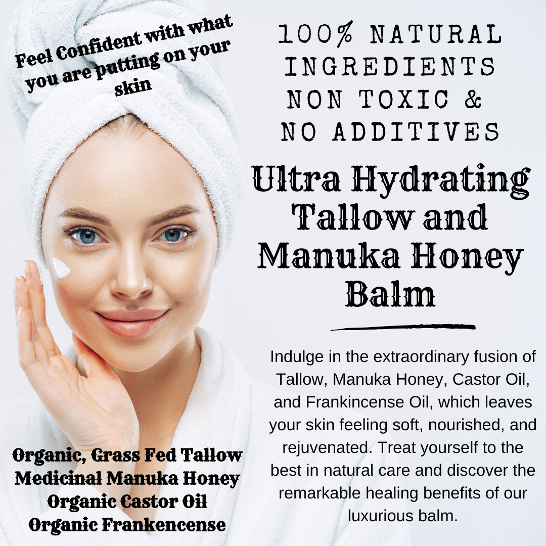 Balm: Facial and Body Ultra Hydrating Tallow and Manuka Honey Balm – Handmade, Small Batch | 2 oz Jar